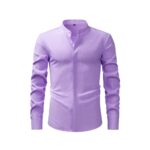 Solid Color FM Faux-Linen Stand-Collar Shirt