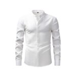 Solid Color FM Faux-Linen Stand-Collar Shirt