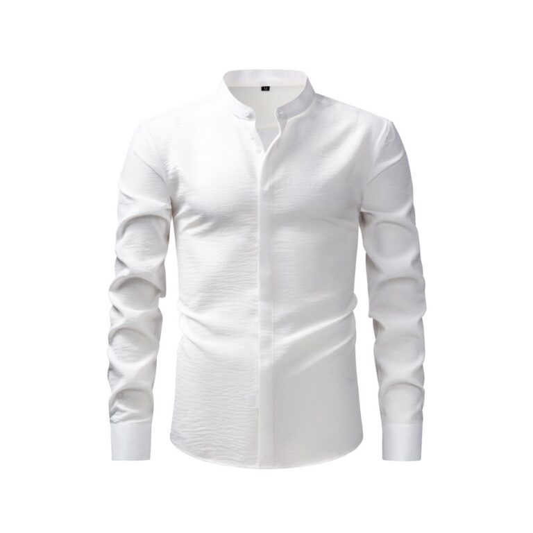 Solid Color FM Faux-Linen Stand-Collar Shirt