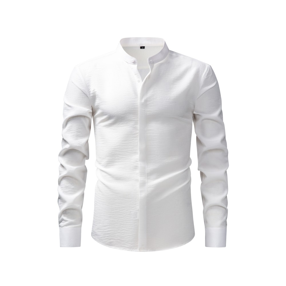 Solid Color FM Faux-Linen Stand-Collar Shirt