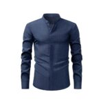 Solid Color FM Faux-Linen Stand-Collar Shirt