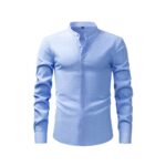 Solid Color FM Faux-Linen Stand-Collar Shirt