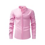 Solid Color FM Faux-Linen Stand-Collar Shirt