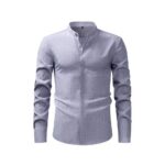 Solid Color FM Faux-Linen Stand-Collar Shirt