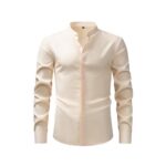 Solid Color FM Faux-Linen Stand-Collar Shirt