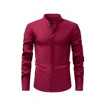 Solid Color FM Faux-Linen Stand-Collar Shirt