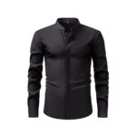 Solid Color FM Faux-Linen Stand-Collar Shirt